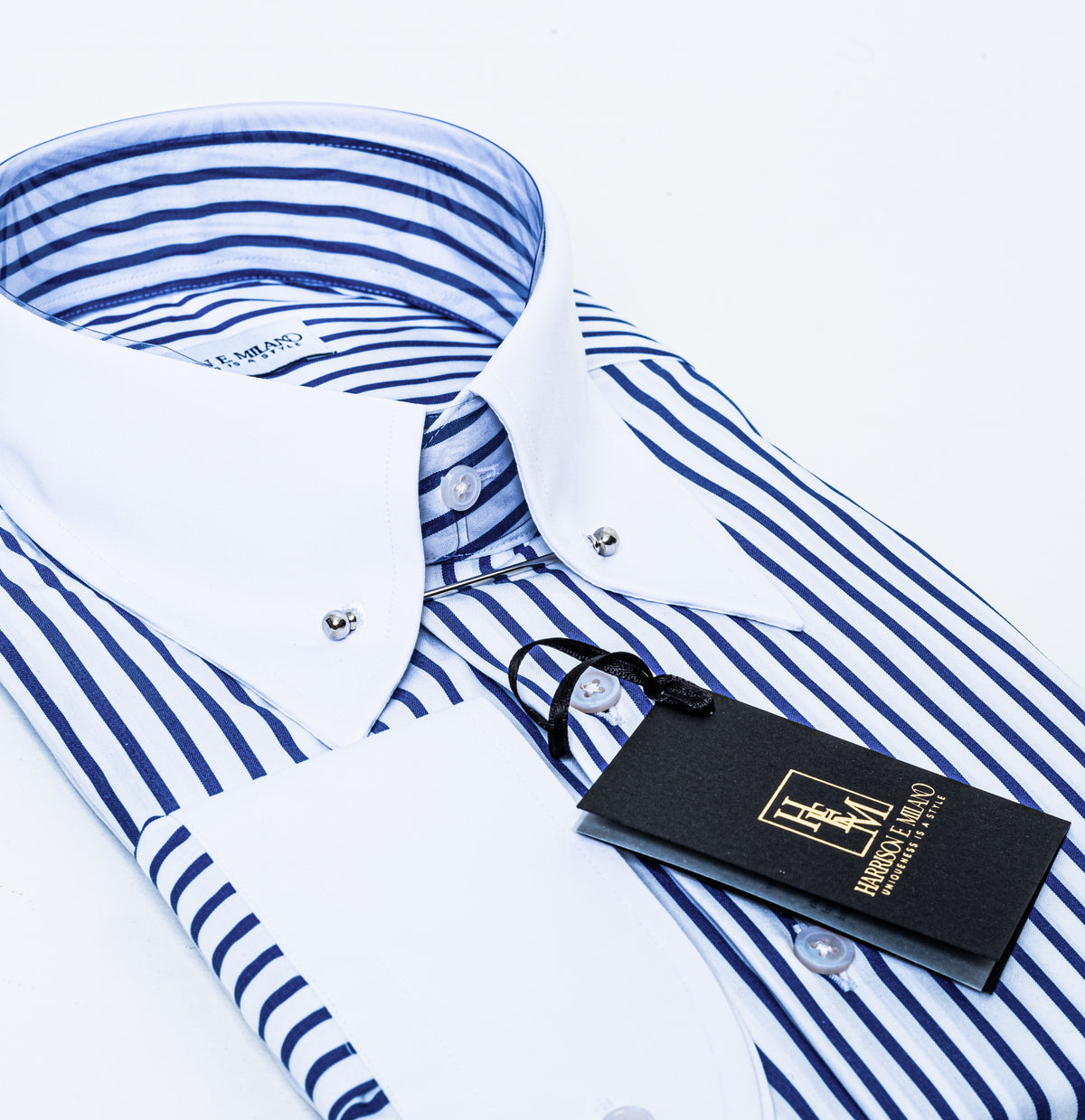 Royal Blue and White Striped Dress Shirt with collar pin