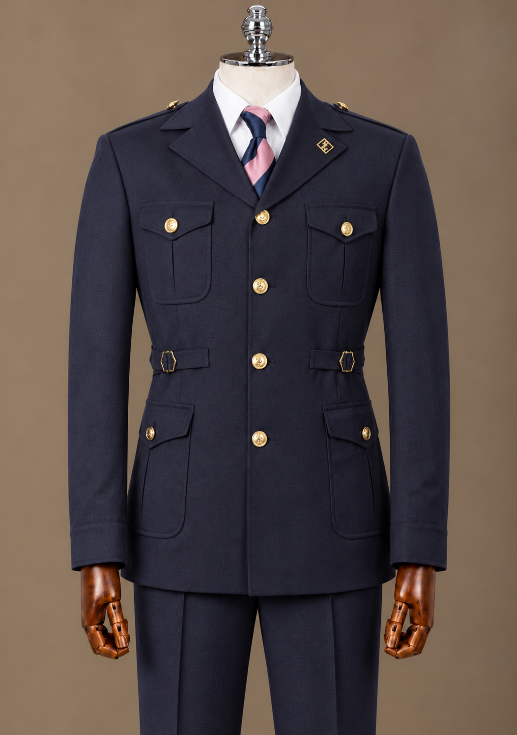 Navy Safari Suit – Gold or Navy Button Detail – Safari-Anzug Navy mit Goldknöpfen – Detailansicht | Harrison E Milano Berlin