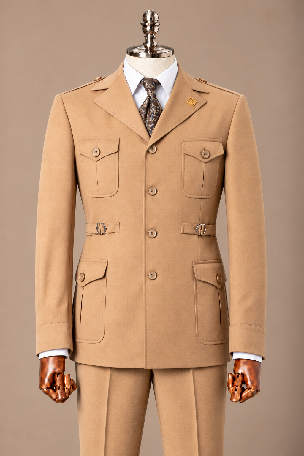 Camel Brown Linen Safari Suit – Leinen-Safarianzug Camelbraun | Harrison E Milano Berlin
