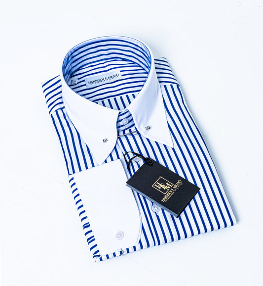 Royal Blue and White Striped Dress Shirt with collar pin