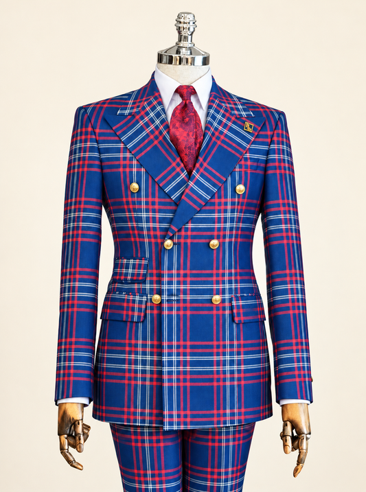 Royal Blue & Red Plaid Double-Breasted Suit – Zweireiher Anzug Royalblau-Rot kariert | Harrison E Milano Berlin