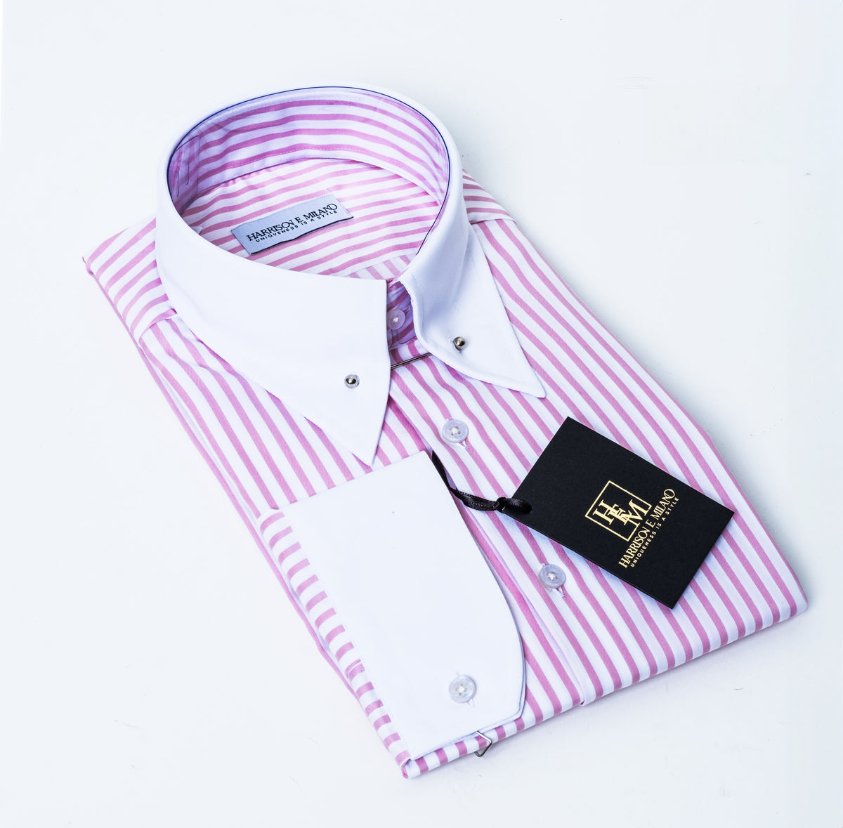 Pink and White Striped Dress Shirt with Collar Pin – Elegant Modern Sophistication