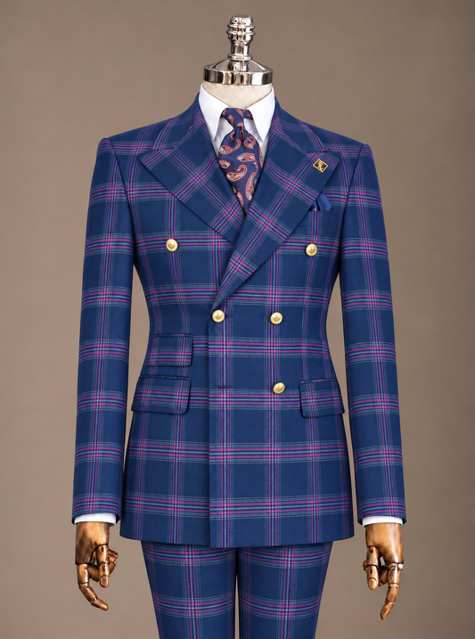 Navy & Magenta Plaid Double-Breasted Suit – Zweireiher Anzug Navy-Magenta kariert | Harrison E Milano Berlin