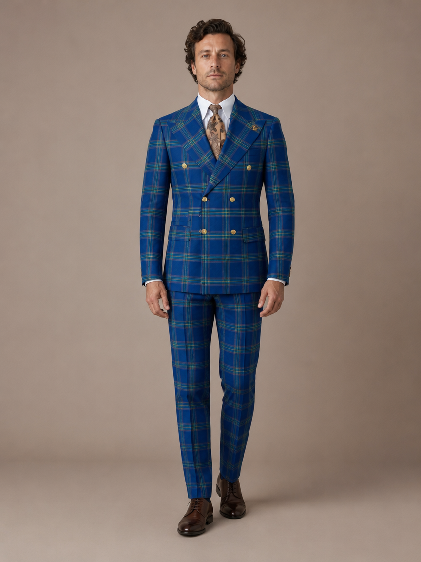 Blue & Teal Plaid Double-Breasted Suit – Zweireiher Anzug Blau-Petrol kariert – Detailansicht | Harrison E Milano Berlin