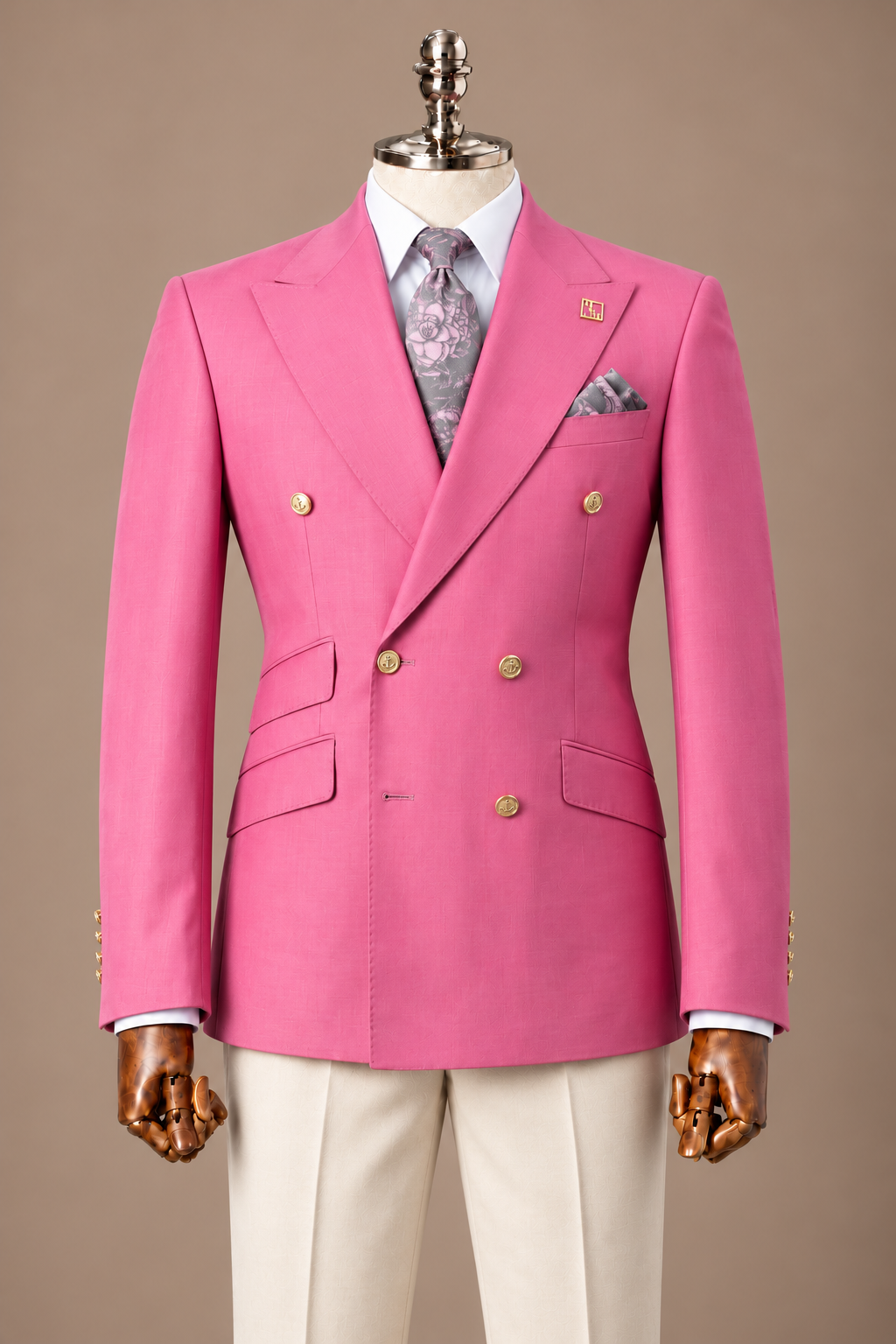 Pink Double-Breasted Men’s Suit – Zweireiher Anzug Pink – Detailansicht | Harrison E Milano Berlin