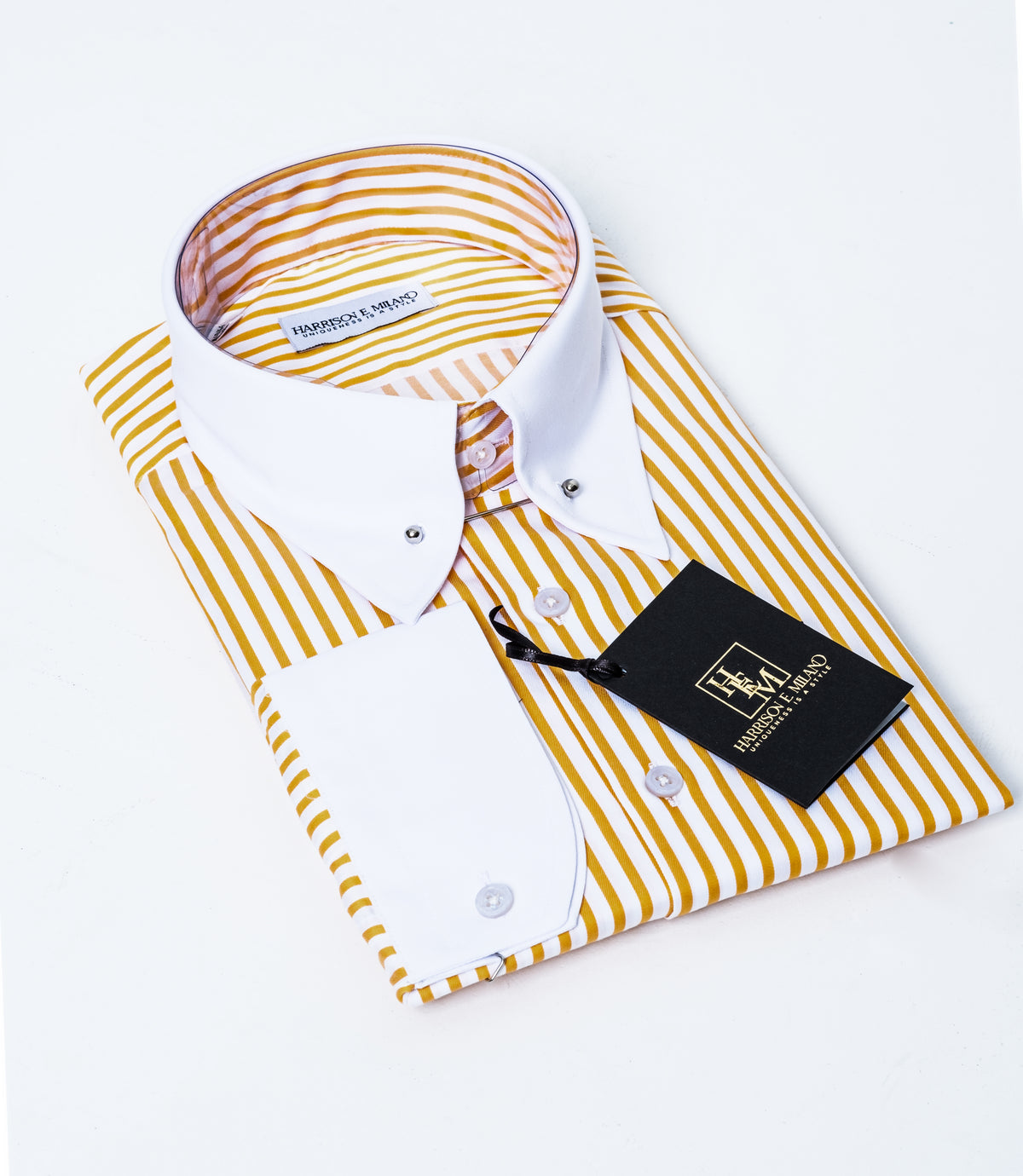 Gold & White Striped Collar Pin Dress Shirt – Stylish Contrast Collar