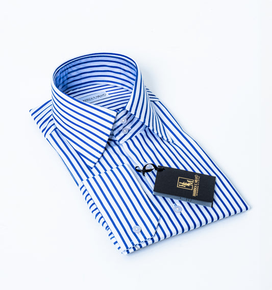 Royal Blue & White Striped Shirt – Two-Button High Collar