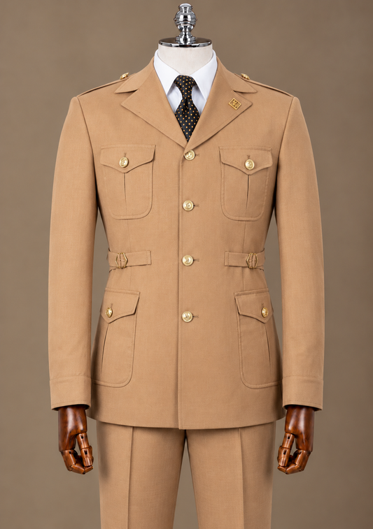 Camel Brown Gold Button Linen Safari Suit – Leinen-Safarianzug Camel mit Goldknöpfen | Harrison E Milano Berlin