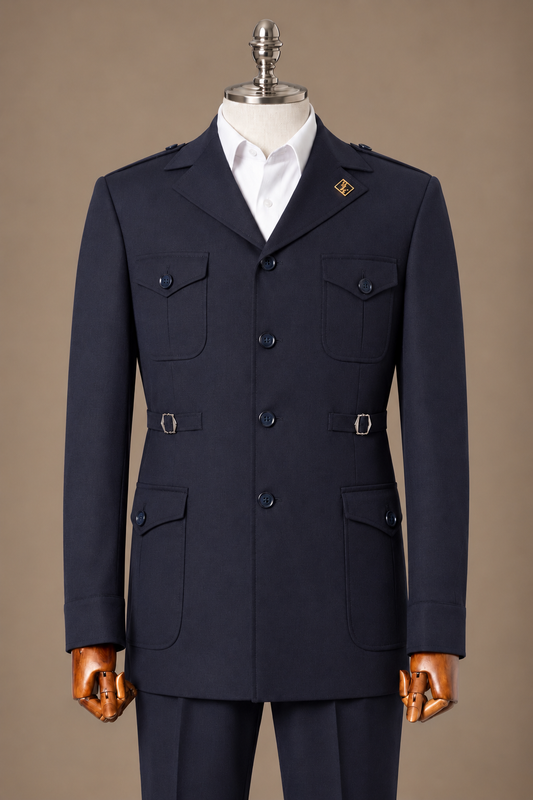 Navy Safari Suit – Gold or Navy Button Detail – Safari-Anzug Navy mit Goldknöpfen | Harrison E Milano Berlin