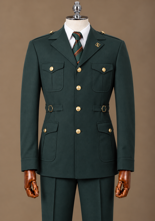 Dark Green Safari Suit – Gold or Green Button Detail – Safari-Anzug Dunkelgrün mit Goldknöpfen | Harrison E Milano Berlin