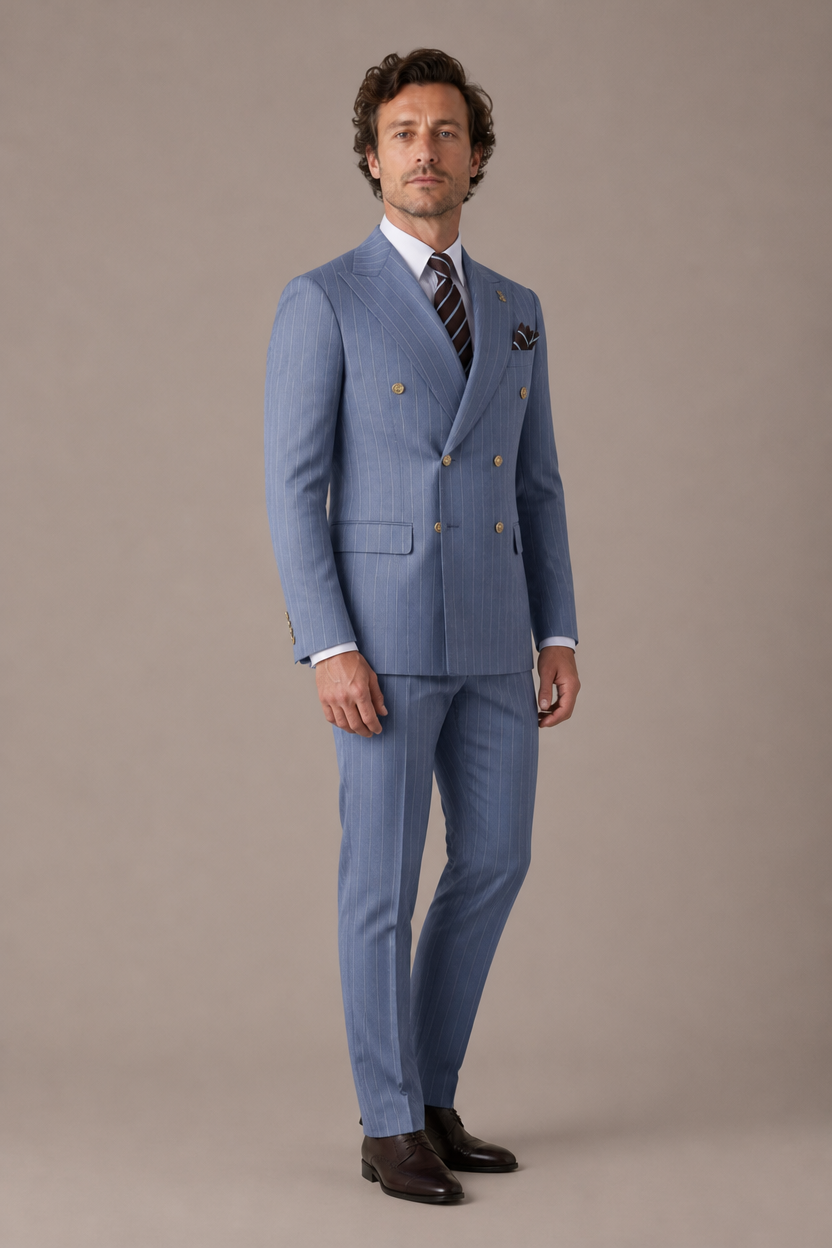 Costume croisé bleu clair à rayures craie