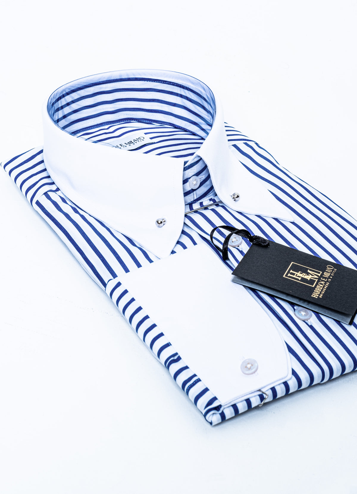 Royal Blue and White Striped Dress Shirt with collar pin