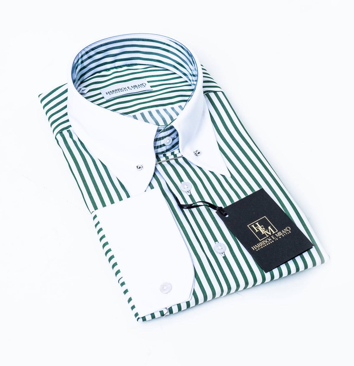 Green & White Striped Collar Pin Dress Shirt – Modern Sophistication for Gentlemen