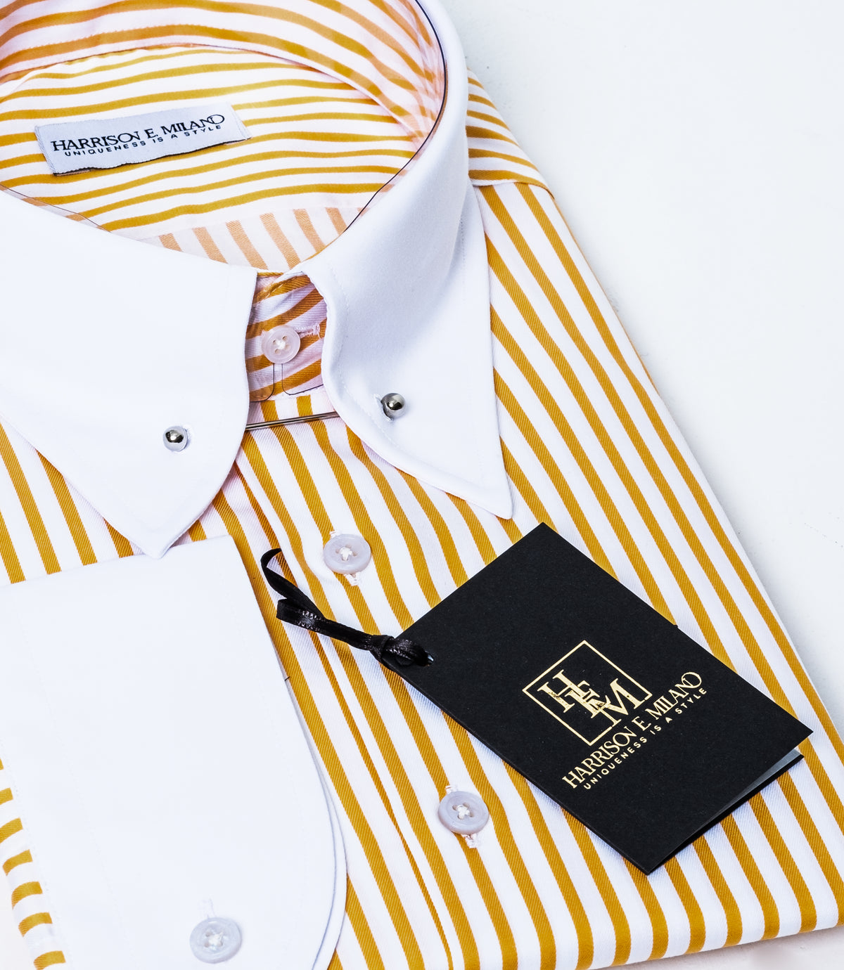 Gold & White Striped Collar Pin Dress Shirt – Stylish Contrast Collar