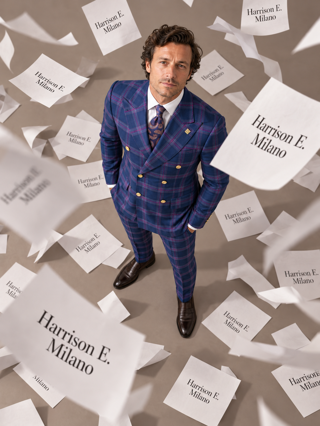 Navy & Magenta Plaid Double-Breasted Suit – Zweireiher Anzug Navy-Magenta kariert – Detailansicht | Harrison E Milano Berlin