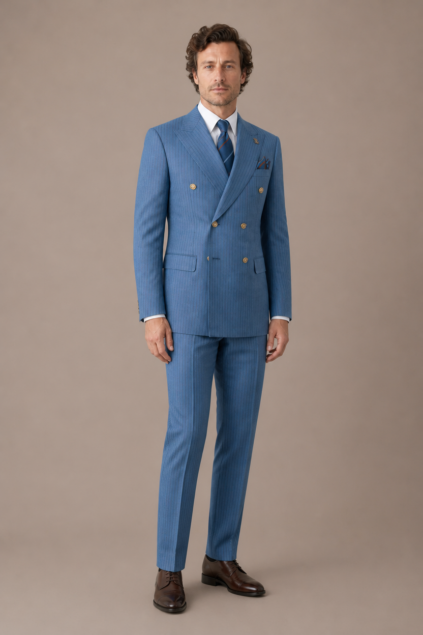 Dark Sky Blue Double Breasted Pinstripe Suit – Zweireiher Anzug Himmelblau Nadelstreifen – Ansicht 4 | Harrison E Milano Berlin