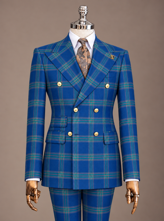 Blue & Teal Plaid Double-Breasted Suit – Zweireiher Anzug Blau-Petrol kariert | Harrison E Milano Berlin