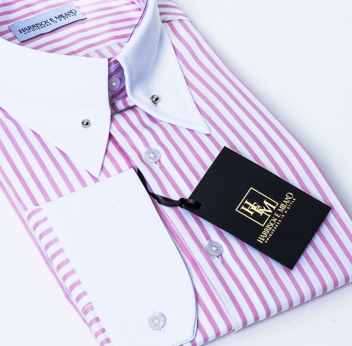Pink and White Striped Dress Shirt with Collar Pin – Elegant Modern Sophistication