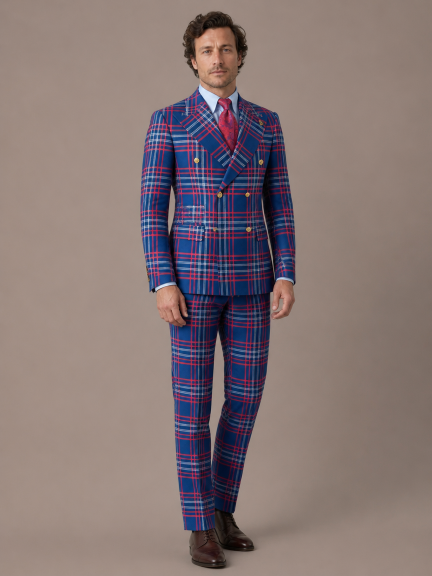 Royal Blue & Red Plaid Double-Breasted Suit – Zweireiher Anzug Royalblau-Rot kariert – Detailansicht | Harrison E Milano Berlin