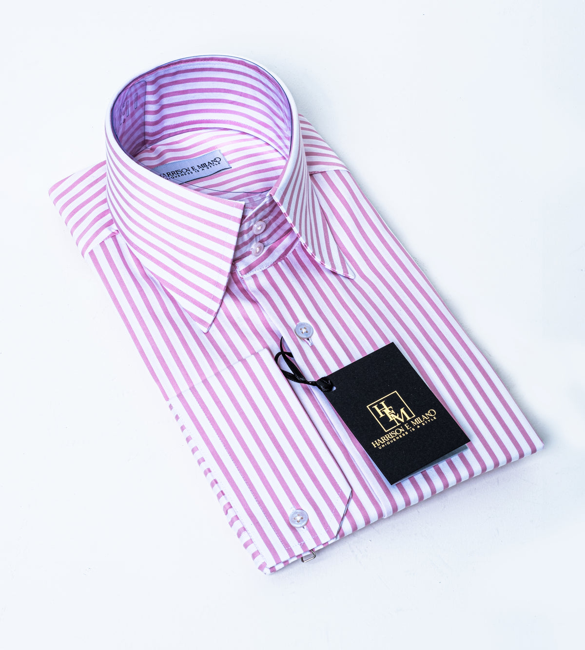 Pink & White Striped Shirt – Two-Button High Collar